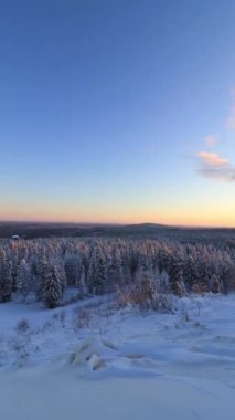 Rovaniemi çevresindeki kış günbatımında sıfırın altında sıcaklıklar Finlandiya 'nın vahşi doğasını nefes kesen bir manzara yaratır. Altın saat boyunca vahşi doğa karla kaplıydı.