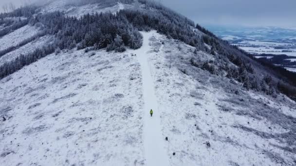 Viajante Caminhante Caminha Uma Colina Nevada Chamada Ondrejnik República Tcheca — Vídeo de Stock