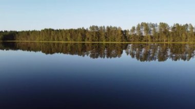Finlandiya 'nın orta kesimindeki Kainuu bölgesinde, Oulujarvi Gölü ve kozalaklı bir ormanın üzerinde gün batımının insansız hava aracı görüntüleri. Sonbahar Fin doğası. Hava sahasını keşfediyorum. 4k video