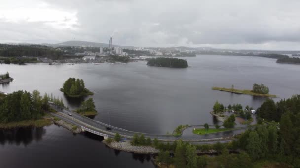Drone Shot Road Leading Two Lakes Kuopio City Skyline Rainy — Stock Video