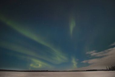 Levi, Laponya, Kuzey Finlandiya 'da, karanlık gökyüzünde nefes kesici yeşil dans eden aurora borealis. İskandinavya 'da kutup kışı boyunca yeşil ışık şeritleri. Doğanın kelime oyunlarını keşfetmek. 