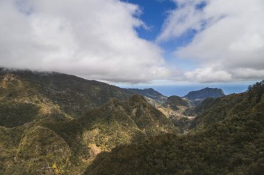 Portekiz 'in Madeira Adası' ndaki Balcoes de Ribeiro Frio 'dan sisli ormanın bir kısmına nefes kesici bir bakış açısı. Portekiz adasını keşfetmek.