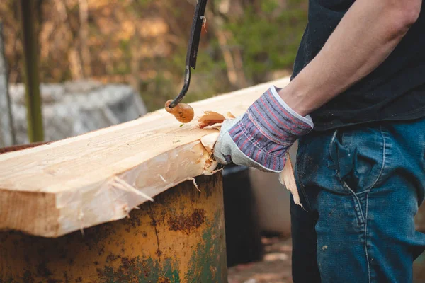 Kullanışlı oduncu tarla kuşunu sonraki işlem için hazırlıyor. Planlama tahtası. Tarla kuşlarını geleneksel aletlerle çalıştırmak. El işleme. Ağaç gövdesini buduyorum. Çalışan kasların ayrıntıları.
