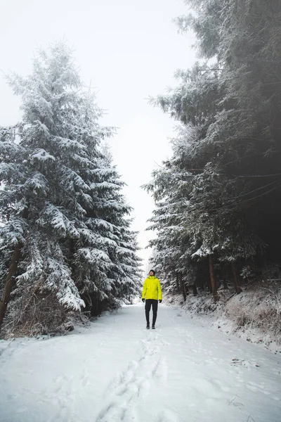 Man Yellow Jacket White Path Top Mountain Czech Beskydy Mountains — Stock Fotó