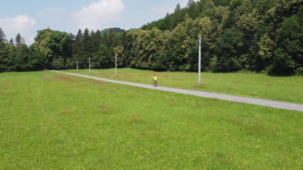 Young Active Boy Rides His Bike Forest Path Spends His — Vídeos de Stock
