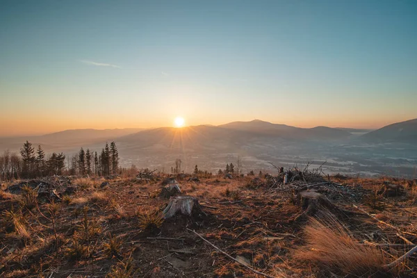 Fairy Tale Sunrise Beskydy Mountains Frydlant Ostravice Inversion Divides Rays — Fotografia de Stock