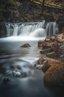 Famous Satiny waterfalls. Breathtaking, untouched nature around the water flowing down cascades creating mini waterfalls. Beskydy mountains, Czech republic, Central europe. Without human intervention.