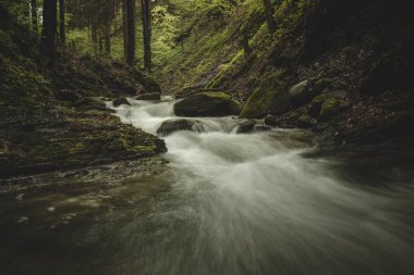 Famous Satiny waterfalls. Breathtaking, untouched nature around the water flowing down cascades creating mini waterfalls. Beskydy mountains, Czech republic, Central europe. Without human intervention.