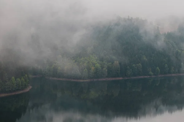 Βροχερό Και Ομιχλώδες Πρωινό Στο Φράγμα Σανς Αντανάκλαση Φυλλοβόλου Δάσους — Φωτογραφία Αρχείου