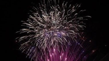 4 bin. Gerçek havai fişek arka planının kusursuz döngüsü. Gece gökyüzünde bokeh ışıkları olan gerçek altın sarısı havai fişeklerin soyut bulanıklığı. Parlak havai fişek gösterisi. Yeni yıl arifesi havai fişek kutlaması.