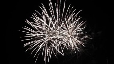 4 bin. Gerçek havai fişek arka planının kusursuz döngüsü. Gece gökyüzünde bokeh ışıkları olan gerçek altın sarısı havai fişeklerin soyut bulanıklığı. Parlak havai fişek gösterisi. Yeni yıl arifesi havai fişek kutlaması.