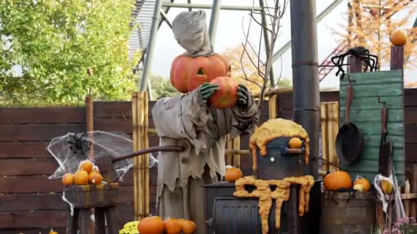 Halloween Homem Abóbora Cozinha Mingau Abóbora Celebração Halloween Fantasia Halloween — Vídeo de Stock