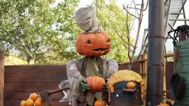 Halloween Homem Abóbora Cozinha Mingau Abóbora Celebração Halloween Fantasia Halloween — Vídeo de Stock