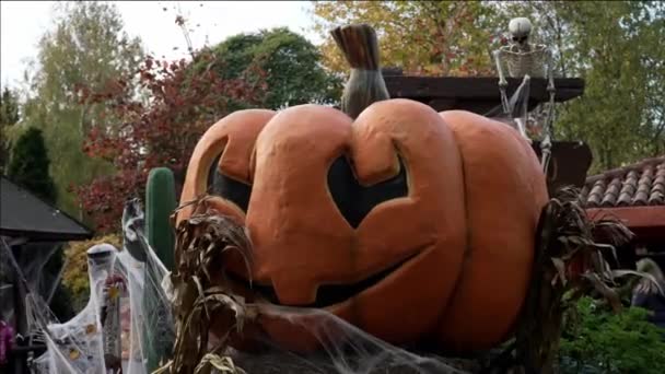 Abóbora Halloween Perto Celebração Halloween Fantasia Halloween Caras Cabeça Abóbora — Vídeo de Stock