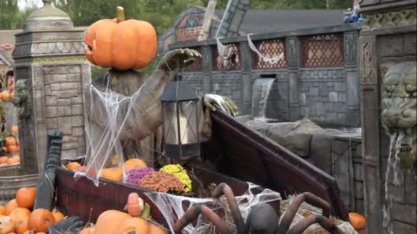 Halloween Pumpmannen Öppnar Kistan Halloween Fest Halloween Kostym Pumpa Huvud — Stockvideo
