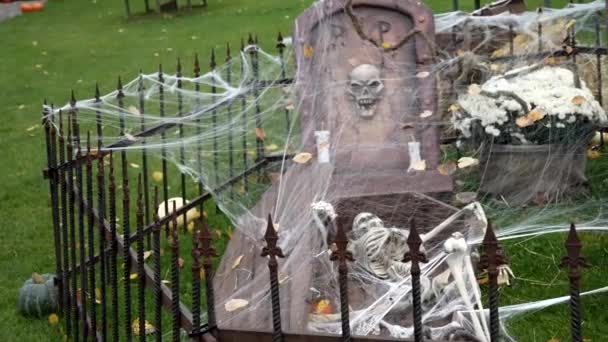 Esqueleto Yace Cementerio Una Araña Arrastra Sobre Halloween Celebración Halloween — Vídeos de Stock