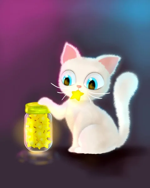 White cat with stars jar, digital drawing.
