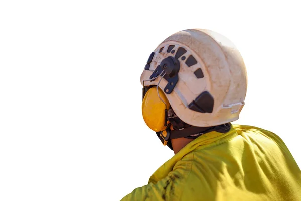Safety workplace construction worker wearing wearing side impact rope access safety white helmet attached with yellow noise disruptive earmuffs protection isolate white background with clipping path