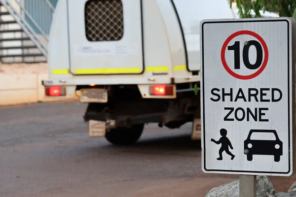 Safety road rule 10 Kmh shares speed limited zone sign pedestrian walking in this area Perth city, Australia