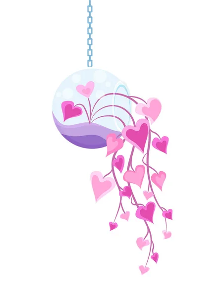 Heart Plants Hanging Glass Pot Sweet Adorable Vector Illustration Color — Wektor stockowy