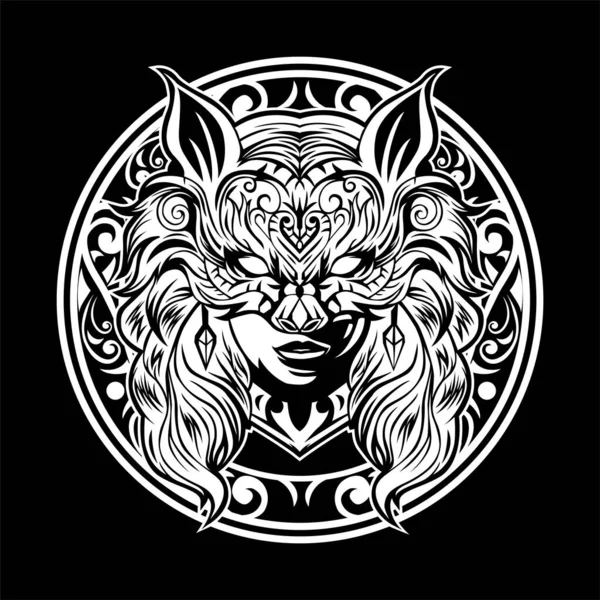 Woman Wolf Mask Tattoo Illustration — Vector de stock