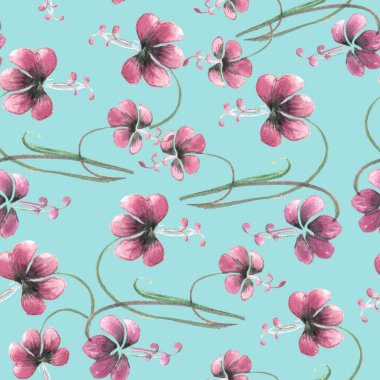 pink flowers, purple flowers watercolor seamless pattern. Painted by myself with watercolor paints. Great seamless pattern for your designs, for paper, fabric, scrapbooking.