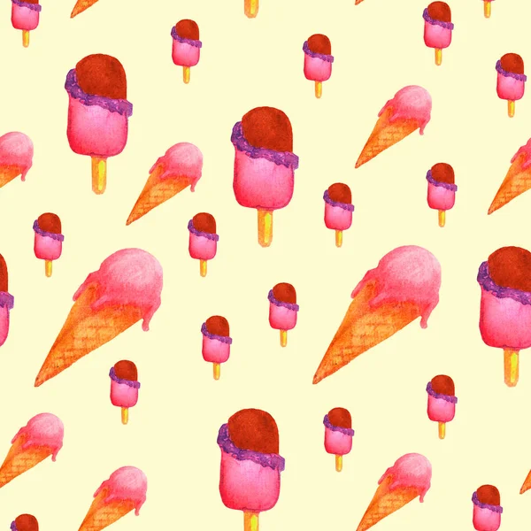 ice cream in a waffle cup, popsicle, pink ice cream, chocolate ice cream. seamless pattern with hand drawn colored sweet ice cream, cherry, cherries and fruits, watercolor illustration. Painted by myself with watercolor paints.