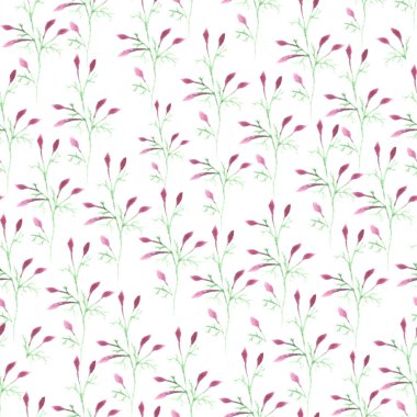 Elle çizilmiş çiçek elementleriyle kusursuz desen. Yapraklı bahar arka planı, suluboya. Pembe çiçekler.