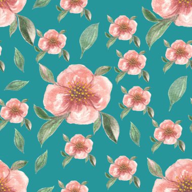 Kusursuz desenli, narin, pembe gül çiçekleri suluboya, el çizimi illüstrasyon