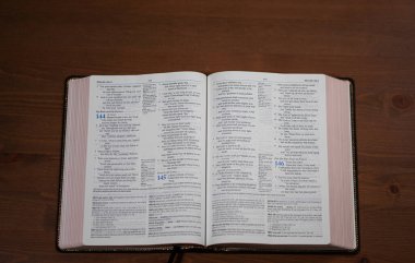 Bible from top straight view open on table