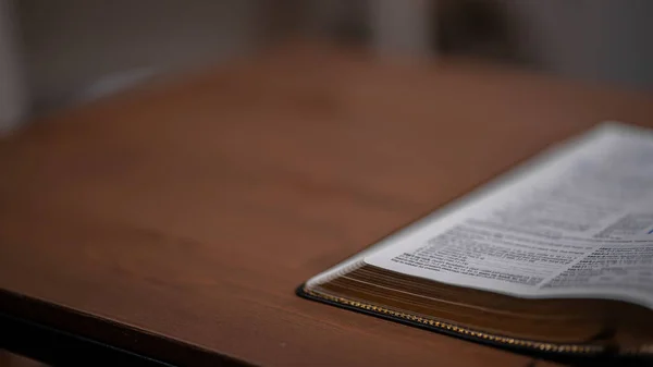 Bottom Edge Book Bible Wooden Table Space Text — Fotografia de Stock