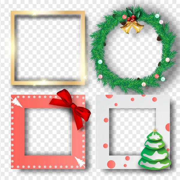 Merry Christmas Happy New Year Border Frame Photo Design Set — Stock Vector