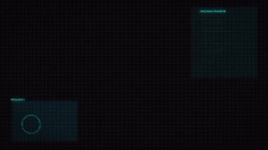 Ekranın HUD grafiği. Fütürist kullanıcı arayüzü, dijital GUI metin ve siber teknoloji konsepti için rastgele sayı elemanı parlıyor. Grafik ve grafik derinliği koyu ve tahıl işlendi.