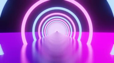 Parlayan neon halkanın 3D görüntüsü ve koyu mavi-mor arkaplan. Siber Gelecek Yüksek Hızda Işık Yakınlaştırması. Çemberler modayı gösterir. Arkaplan ışını. Uzay gemisi kavramı ile hızlı ve soyut ışık gecesi.