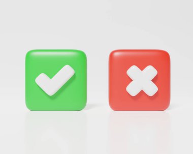 Kontrol işareti ve x veya onayla. İzole edilmiş beyaz arkaplan simgesi gibi. İşaretleme düğmesi. Kontrol listesi için 3d resimleme web siteleri sembol seçimi kare cevap kutusu, onay işareti düğmesi