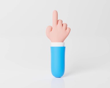Parmakla göstererek. İzole edilmiş pastel arka plan. Stilize edilmiş el işaretçisi. Web sitesi, gönderiler, reklamlar için resim. Mavi kollu çizgi el sol 3D renderin işaret ettiğini gösteriyor.