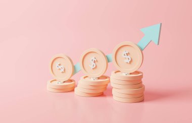 Pembe arka planda yeşil ok ve bozuk para yığınları. Finansal başarı ve büyüme kavramı. 3D görüntüleme. Finansal haberler. Hisse senedi haber dürtüleri ticareti. Piyasa hareketleri konsepti yükselişte. Büyüme ekonomisi