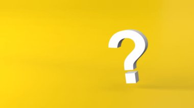 Sarı arka planda beyaz soru işaretleri. Üç boyutlu görüntüleme. Asgari beyaz soru işareti izole edildi. Gerçekçi 3D sorgulama basit