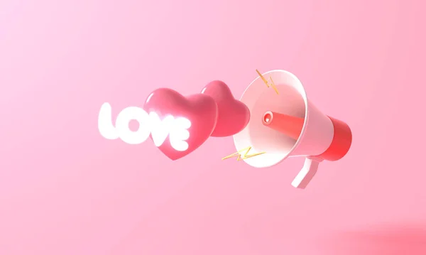Vykreslování Červenobílého Megafonu Růžovém Pozadí Řečnické Řeči Valentýna Minimální Láska — Stock fotografie