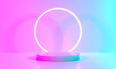 Ürün Mavi Mor Neon soyut arka plan, stüdyo modern ultraviyole ışık, oda pastel iç mekan, Parlayan podyum, performans sahne dekorasyonları, ışık çemberi için sahne. 3d oluşturma