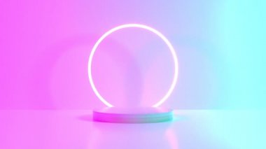Ürün Mavi Mor Neon soyut arka plan, stüdyo modern ultraviyole ışık, oda pastel iç mekan, Parlayan podyum, performans sahne dekorasyonları, ışık çemberi için sahne. 3d oluşturma