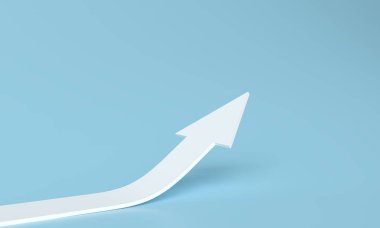 Yeni iş planlama stratejisi için yükselen beyaz okun 3D yorumlanması. İş hedefi konsepti büyüyor. Arrow 'un büyüme başarısına adım at. Mavi Arkaplanda ilerleme yolu ve ileri başarı. 