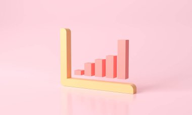 3d rendering pink and yellow bar graph stair step to Arrow growth success. progress way and forward achievement. Data business finance report chart, data analysis development concept.