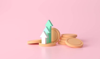 Pembe arka planda yeşil ok ve bozuk para yığınları. Finansal başarı ve büyüme kavramı. 3D görüntüleme. Finansal haberler. Hisse senedi haber dürtüleri ticareti. Piyasa hareketleri konsepti yükselişte. Büyüme ekonomisi