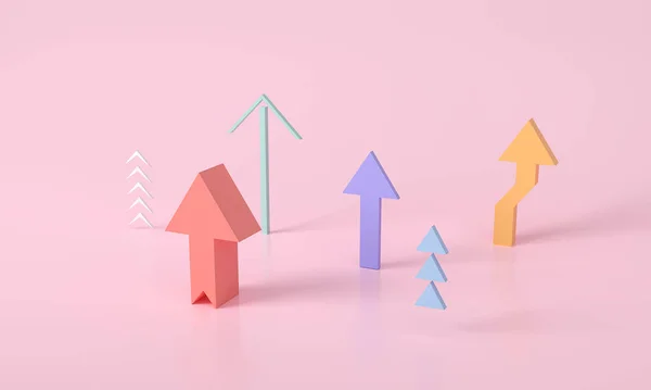 Multiple colorful Arrow growth success 3d rendering, progress way and forward achievement. Abstract Arrows Set Isolated on pink-red Background. 3D Shapes Collection. minimal creative concept