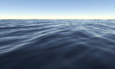 Mavi gökyüzü güneşinde 3D görüntüleme denizi. Okyanus yüzeyi manzarası. Manzara güneş ışığı arka planı. Yaz mevsiminde yüzey deniz manzarası. Seyahat duvar kağıdı. Doğa dalgası yatay. Açık denizde. 