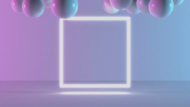 Ürün standı mavi menekşe rengi, neon kare soyut arka plan, stüdyo modern ultraviyole ışık. Pastel odada balo, parlak podyum, sahne dekorasyonu, küre ışığı sahnesi. 3d oluşturma