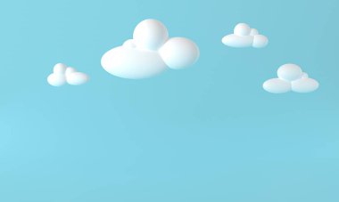 White 3d clouds on blue background. Render soft round cartoon fluffy clouds in the blue sky. 3d geometric shapes illustration. 3d rendering cloudscape horizontal background. Banner blue sk