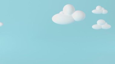 White 3d clouds on blue background. Render soft round cartoon fluffy clouds in the blue sky. 3d geometric shapes illustration. 3d rendering cloudscape horizontal background. Banner blue sky