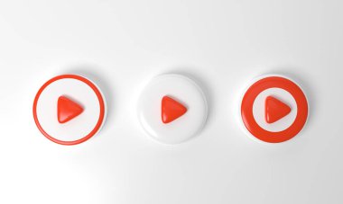 red circle collection colored round play button on pastel background. Concept of video icon logo for play clip, audio playback. 3d rendering. Play interface symbol. social media and website posts 